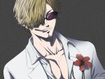  1boy bangs blonde_hair blue_eyes cigarette facial_hair formal goatee highres jacket looking_to_the_side male_cleavage male_focus one_piece open_clothes open_jacket pectorals pinattsu sanji short_hair smoking solo stubble suit sunglasses swept_bangs toned toned_male white_suit 