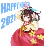  1girl 2021 arms_up bangs blue_eyes blush brown_hair commentary_request eyebrows_visible_through_hair grin hair_ornament hanbok happy_new_year highres horns_pose korean_clothes korean_commentary kutata long_hair long_sleeves looking_at_viewer new_year original ponytail red_skirt simple_background skirt smile solo white_background x_hair_ornament 