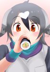  1girl bangs black_hair brown_eyes commentary ehoumaki eyebrows_visible_through_hair food food_in_mouth grey_hair hair_ornament head_wings heart heart_hair_ornament highres kemono_friends long_hair looking_at_viewer makizushi masuyama_ryou multicolored_hair pink_background portrait rock_pigeon_(kemono_friends) scarf sexually_suggestive short_sleeves simple_background solo sushi wristband 