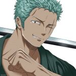  1boy close-up dark_skin dark_skinned_male face green_hair green_kimono highres japanese_clothes kimono looking_at_viewer male_cleavage male_focus one_piece open_clothes open_kimono pectorals pinattsu roronoa_zoro scar scar_across_eye short_hair smile solo toned toned_male 