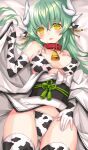  1girl :d animal_ears animal_print bangs bed_sheet bell bikini black_bikini blush breasts breasts_apart collar commentary_request cow_ears cow_girl cow_print earrings elbow_gloves fate/grand_order fate_(series) flower_knot gloves green_hair grey_hair hand_up highres horns japanese_clothes jewelry kimono kiyohime_(fate) long_hair looking_at_viewer lying medium_breasts morizono_shiki obi on_back open_mouth red_collar sash shiny shiny_hair skindentation smile solo swimsuit thighhighs thighs white_bikini white_hair white_horns white_kimono yellow_eyes 