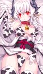 1girl :d animal_ears animal_print ass_visible_through_thighs bangs bed_sheet bell bikini black_bikini blush breasts breasts_apart collar cow_ears cow_girl cow_print cowbell earrings elbow_gloves fate/grand_order fate_(series) flower_knot gloves grey_hair hand_up highres horns japanese_clothes jewelry kimono kiyohime_(fate) long_hair looking_at_viewer lying medium_breasts morizono_shiki obi on_back open_mouth pale_skin red_collar red_eyes sash shiny shiny_hair skindentation smile solo swimsuit thighhighs thighs white_bikini white_hair white_horns white_kimono 