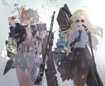  2girls ahoge anno88888 bangs black_legwear black_neckwear black_shirt black_skirt blonde_hair blood blood_on_face blue_eyes breasts cleavage closed_mouth flight_deck gradient gradient_background gun highres hornet_(kancolle) intrepid_(kancolle) kantai_collection large_breasts light_brown_hair long_hair m1903_springfield multiple_girls necktie one_eye_closed open_mouth pantyhose pencil_skirt ponytail rigging shirt short_sleeves simple_background skirt sleeveless sleeveless_shirt smoke sunglasses torn_clothes weapon white_shirt 