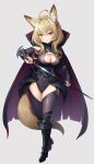  1girl ahoge animal_ear_fluff animal_ears arm_guards armor armored_boots azure-maya bangs blonde_hair boots breasts cape cleavage cleavage_cutout closed_mouth clothing_cutout commission detached_sleeves fox_ears fox_girl fox_tail full_body grey_background hair_between_eyes highleg highleg_leotard highres holding holding_sword holding_weapon hood hooded_cape knee_boots large_breasts leotard long_hair looking_at_viewer o-ring original purple_legwear purple_leotard sheath sidelocks simple_background smile solo standing sword sword_cane tail thighhighs thighhighs_under_boots unsheathing weapon yellow_eyes 