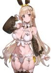  1girl bangs bare_shoulders blonde_hair breasts brown_eyes brown_sleeves cleavage closed_mouth cowboy_shot dated detached_sleeves eyebrows_visible_through_hair garter_belt garter_straps hair_ornament hairband hairclip hand_in_hair hand_up highres large_breasts long_hair long_sleeves looking_at_viewer midriff navel original panties ribbon sideboob signature simple_background solo thighhighs thighs toridamono underwear white_background white_legwear white_panties yellow_ribbon 