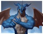  2020 3_fingers anthro biceps blue_body blue_skin claws digimon digimon_(species) digital_media_(artwork) dragon exveemon fingers hi_res horn male membrane_(anatomy) membranous_wings muscular muscular_anthro muscular_male navel nude pecs scalie sharp_teeth simple_background solo standing taran_fiddler teeth wings 