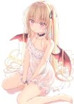  1girl bare_arms bare_legs bare_shoulders barefoot black_choker blonde_hair breasts choker cleavage closed_mouth collarbone covered_navel cuffs demon_wings dress frown hair_ribbon handcuffs highres liuliu long_hair looking_at_viewer moe2021 original pink_eyes ribbon see-through short_dress simple_background sitting sleeveless sleeveless_dress small_breasts solo spaghetti_strap strap_slip twintails very_long_hair wariza water wet wet_clothes wet_dress white_background white_dress wings 