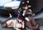  2girls absurdres animal_ears atago_(azur_lane) atago_(stunning_speedster)_(azur_lane) azur_lane bangs black_footwear black_hair black_legwear bow breasts brown_eyes car cleavage_cutout clothing_cutout commentary_request dog_ears extra_ears ground_vehicle hair_flaps high_heels highres large_breasts long_hair looking_at_viewer lying mole mole_under_eye motor_vehicle multicolored_leotard multiple_girls navel_cutout on_stomach oshida_bob pantyhose ponytail race_queen shrug_(clothing) sitting sleeve_cuffs swept_bangs takao_(azur_lane) takao_(full_throttle_charmer)_(azur_lane) thighband_pantyhose thighhighs two-tone_bikini two-tone_leotard umbrella vehicle_request white_bow white_footwear wrist_cuffs 
