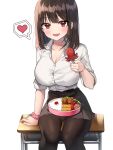  1girl :d absurdres arm_support bangs black_skirt blush breasts brown_legwear churi_(oxxchurixxo) cleavage collarbone collared_shirt commentary desk dress_shirt eyebrows_visible_through_hair fang feet_out_of_frame food heart highres holding holding_food large_breasts long_hair looking_at_viewer meat obentou on_desk open_mouth original pantyhose pleated_skirt red_eyes revision rice school_desk school_uniform scrunchie shirt shirt_tucked_in simple_background sitting sitting_on_desk skin_fang skirt smile solo spoken_heart tako-san_wiener white_background white_shirt wrist_scrunchie 