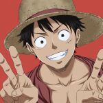  1boy black_eyes black_hair close-up double_v face hat highres looking_at_viewer male_focus monkey_d_luffy one_piece open_clothes open_shirt pectorals pinattsu red_shirt scar scar_on_cheek scar_on_face shirt short_hair smile solo straw_hat toned toned_male v 