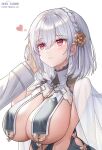  1girl azur_lane braid breast_curtains breasts china_dress chinese_clothes commander_(azur_lane) dress eyebrows_visible_through_hair flower gloves hair_flower hair_ornament half_gloves hand_on_another&#039;s_cheek hand_on_another&#039;s_face heart highres holding_hands huge_breasts jaeyun long_sleeves looking_at_another neckwear_between_breasts red_eyes revealing_clothes sheer_clothes short_hair side_braid sirius_(azur_lane) sirius_(azure_horizons)_(azur_lane) white_background white_gloves white_hair 