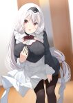  bangs black_legwear blurry blurry_background breasts highres large_breasts leaning_forward long_hair looking_at_viewer maid open_mouth original pantyhose ponytail red_eyes silver_hair yappen 