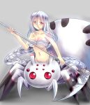 1girl arachne arthropod_legs bangs bare_shoulders blush braid breasts cleavage collarbone commentary covered_nipples extra_eyes eyebrows_visible_through_hair full_body grey_background groin hair_between_eyes hair_strand highres holding holding_scythe insect_girl kiryu264 kumo_desu_ga_nani_ka? kumoko_(kumo_desu_ga_nani_ka?) large_breasts long_hair looking_at_viewer monster_girl navel parted_lips red_eyes scythe shadow sidelocks silk simple_background single_braid solo spider_girl spider_web spoilers standing stomach underboob very_long_hair white_hair white_tubetop 