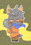  anthro blue_scarf bovid caprine chibi clothing cookware floppy_ears frying_pan fur goat grey_body grey_fur gusta_(gusta) hair holding_object hoodie horn khaki_pants kitchen_utensils male mammal orange_eyes orange_hoodie orange_horn orange_stripes outline scarf simple_background smile smirk smolsammich solo standing stripes tools topwear 