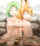  2girls :3 :d ^_^ animal_ears bangs bathing between_legs blonde_hair breasts closed_eyes closed_mouth collarbone commentary_request disconnected_mouth extra_ears eyebrows_visible_through_hair facing_viewer green_hair groin hair_between_eyes hand_between_legs kemono_friends large_breasts mirai_(kemono_friends) multiple_girls navel nipples nude onsen open_mouth outdoors parted_hair partially_submerged rock serval_(kemono_friends) serval_ears serval_tail shiny shiny_skin shirosato short_hair sitting small_breasts smile steam stomach symbol_commentary tail water 