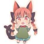  1girl animal_ears bow braid cat_ears chili extra_ears eyebrows_visible_through_hair hair_bow hazuki_ruu kaenbyou_rin looking_at_viewer multiple_tails red_eyes red_hair skirt solo tail touhou twin_braids younger 