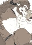  2boys abs bara beard blush character_request draph earrings face-to-face facial_hair giant giant_male granblue_fantasy greyscale highres horns hug jewelry large_pectorals long_hair male_cleavage male_focus monochrome mugen_(granblue_fantasy) multiple_boys muscular muscular_male pointy_ears size_difference stormsoul-kinkijakuyaku tearing_up 