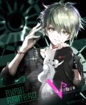  1boy amami_rantarou artist_name bangs bracelet character_name collarbone commentary_request copyright_name danganronpa_(series) danganronpa_v3:_killing_harmony ear_piercing eyebrows_visible_through_hair green_eyes green_hair grey_eyes hands_up jewelry koshika_rina long_sleeves looking_at_viewer male_focus messy_hair monokuma piercing ring shiny shiny_hair shirt short_hair sleeves_past_elbows smile striped striped_background striped_shirt teeth thumb_ring upper_body 