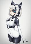 1girl blue_eyes bodysuit breasts commentary_request covered_navel grey_background hand_on_own_chest headgear heterochromia highres looking_at_viewer mecha_musume original skin_tight small_breasts solo white_hair yellow_eyes yumikoyama49 