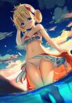  1girl ass_visible_through_thighs azur_lane backlighting bangs bare_arms bare_legs bare_shoulders bikini blonde_hair blue_eyes breasts cloud double_bun dutch_angle evening feet_out_of_frame french_flag_bikini from_below heaven&#039;s_melody highres le_triomphant_(azur_lane) looking_at_viewer navel outdoors sarong sidelocks sky small_breasts solo stomach strap_slip striped striped_bikini swimsuit thigh_gap tiara wading water white_bikini 