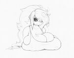  &lt;3 anthro big_breasts breasts cleavage clothed clothing female giant_panda hair hair_over_eye hi_res huge_breasts mammal monochrome nipple_outline one_eye_obstructed smutbunny solo ursid 