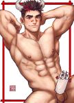  1boy abs arms_behind_head bandaid bandaid_on_nose bara black_hair censored chest_hair chinese_zodiac completely_nude cow_boy cow_horns earrings erection facial_hair greenteaa happy_new_year highres horns jewelry large_pectorals male_focus male_pubic_hair mature_male multicolored_hair muscular muscular_male navel navel_hair new_year nipples nude original penis pubic_hair red_hair short_hair smile solo spread_legs stomach streaked_hair stubble thighs year_of_the_ox 