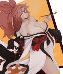  1girl absurdres baiken bangs bare_shoulders breasts collarbone commentary commission eyepatch facial_mark facial_tattoo guilty_gear guilty_gear_xrd highres holding holding_pipe japanese_clothes kimono kiseru large_breasts lips long_hair looking_at_viewer obi parted_bangs parted_lips pink_eyes pink_hair pipe sash senacolada shiny shiny_skin signature simple_background smoke smoking solo tattoo tied_hair 