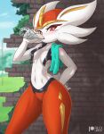  2021 alice_(rilex_lenov) anthro blush bodily_fluids breasts cinderace female looking_at_viewer nintendo pok&eacute;mon pok&eacute;mon_(species) rilex_lenov solo strategically_covered sweat text url video_games 