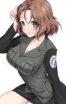  1girl azumi_(girls_und_panzer) bangs black_jacket black_skirt blue_eyes breasts brown_hair cleavage closed_mouth commentary emblem eyebrows_visible_through_hair girls_und_panzer hand_in_hair highres jacket komekueyo long_sleeves looking_at_viewer military military_uniform miniskirt no_shirt parted_bangs pencil_skirt selection_university_(emblem) selection_university_military_uniform short_hair simple_background sitting skirt smile solo uniform white_background 