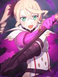  1girl :d alisha_diphda armor asymmetrical_gloves black_gloves blonde_hair breastplate capelet drill_hair elbow_gloves floating_hair gloves green_eyes highres holding holding_polearm holding_weapon long_hair looking_at_viewer open_mouth pink_gloves polearm side_ponytail smile solo standing tales_of_(series) tales_of_zestiria ubo_(ubo_tales) upper_body v-shaped_eyebrows weapon 