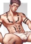  1boy abs arm_tattoo bara black_hair blush bulge chest_tattoo extra_eyes facial_tattoo forehead_tattoo greenteaa head_tilt highres jujutsu_kaisen large_pectorals looking_at_viewer male_focus muscular muscular_male naked_towel navel nipples penis_peek pink_hair red_eyes ryoumen_sukuna_(jujutsu_kaisen) short_hair shoulder_tattoo solo spiked_hair spread_legs stomach stomach_tattoo tattoo testicles thighs towel towel_around_waist undercut 