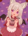  1girl :d animare apron capelet claw_pose dress extra_ears fangs halloween_costume highres long_hair open_mouth pointy_ears purple_eyes shirochimaki shiromiya_mimi silver_hair smile vampire wings 