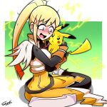  1girl angry armor armored_dress blonde_hair blue_eyes blush crossover darkness darkness_(konosuba) dress electricity gen_1_pokemon hair_ornament hairclip happy highres holding hug kono_subarashii_sekai_ni_shukufuku_wo! long_hair masochism pikachu pokemon pokemon_(creature) pokemon_(game) ponytail scorch_marks siczak sitting yellow_dress 