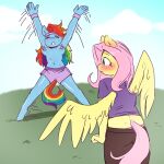  absurd_res anthro anthrofied big_breasts blush bodily_fluids breasts clothed clothing currentlytr_ash equid equine female fluttershy_(mlp) friendship_is_magic hasbro hi_res mammal my_little_pony nipples outside pegasus rainbow_dash_(mlp) sweat topless wings 