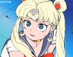  1girl bangs bishoujo_senshi_sailor_moon blonde_hair blue_background blue_eyes blue_sailor_collar bow bowtie choker circlet collarbone crescent crescent_earrings diadem earrings eyebrows_visible_through_hair face from_side hair_ornament hair_over_shoulder heart heart_choker iizuna_(milky_walker) jewelry long_hair parted_bangs red_choker red_neckwear sailor_collar sailor_moon sailor_moon_redraw_challenge sailor_senshi_uniform school_uniform serafuku shirt sketch solo tsukino_usagi twintails upper_body white_shirt 