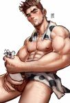  1boy abs animal_print arm_hair bara biceps blush brown_hair censored chest_hair cow_boy cow_horns cow_print cum earrings ejaculation erection facial_hair greenteaa highres horns jewelry leg_hair male_focus male_masturbation masturbation mature_male muscular muscular_male nipples original pectorals penis scar scar_on_face scar_on_nose short_hair solo stomach stubble testicles thick_thighs thighs towel towel_around_neck towel_around_waist 