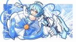  1girl ahoge bare_shoulders blue_hair blue_ribbon character_name dress elbow_gloves gloves highres jewelry looking_at_viewer necklace neptune_(series) novus_rue open_mouth power_symbol red_eyes ribbon sash short_hair_with_long_locks solo symbol-shaped_pupils tiara white_dress white_gloves white_heart 
