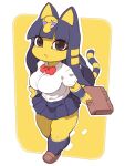  1girl :&lt; alternate_costume animal_crossing animal_ears ankha_(animal_crossing) bangs blunt_bangs bow bowtie breasts brown_eyes cat_ears cat_girl cat_tail commentary_request egyptian eyebrows_visible_through_hair fukurou_(owl222) full_body furry hair_ornament highres holding kneehighs large_breasts long_hair miniskirt outline pleated_skirt purple_hair purple_legwear purple_skirt red_bow school_briefcase school_uniform shirt shirt_tucked_in short_sleeves simple_background skirt snake_hair_ornament solo standing striped_tail tail thick_thighs thighs white_outline white_shirt yellow_background 