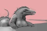 alligator alligatorid anthro big_breasts breasts claws crocodilian fangs female looking_at_viewer meandraco monster nipples non-mammal_breasts nude open_mouth reptile scalie simple_background solo teeth tongue 