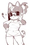  1girl adjusting_eyewear animal_crossing animal_ears ankha_(animal_crossing) ass_visible_through_thighs bangs blunt_bangs blush breasts cat_ears cat_girl cat_tail closed_mouth commentary_request covered_navel dress fukurou_(owl222) furry glasses greyscale groin hand_on_hip highres holding holding_eyewear monochrome short_dress short_hair sketch solo sparkle standing striped_tail tail thighs translation_request white_background 