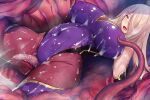  1girl blonde_hair bodysuit breasts covered_navel covered_nipples elbow_gloves gloves hair_over_one_eye kongeraatio large_breasts lips long_hair looking_at_viewer open_mouth original restrained skin_tight slime_(substance) smile solo tentacles yellow_eyes 