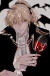 1boy alcohol bat blonde_hair blue_eyes cup drinking_glass formal guilty_gear highres jewelry ky_kiske male_focus ponytail puffy_sleeves ring semiowari shiny simple_background solo sparkle suit tied_hair uniform vampire white_background wine wine_glass 