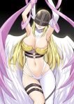  1girl angewomon armpits arms_up bare_shoulders blonde_hair breasts cleavage covered_eyes digimon digimon_adventure elbow_gloves facing_viewer gloves hagoromo head_tilt helmet highres large_breasts long_hair navel o-ring_belt open_mouth shawl shiny shiny_skin sidelocks single_elbow_glove single_glove single_leg_pantyhose sky-freedom smile solo thigh_strap white_gloves white_legwear white_wings winged_helmet wings 