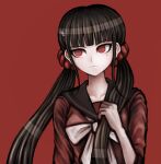  1girl bangs black_hair blunt_bangs closed_mouth collarbone commentary_request danganronpa_(series) danganronpa_v3:_killing_harmony hair_ornament hair_scrunchie hairclip hand_up harukawa_maki highres long_hair long_sleeves looking_at_viewer low_twintails mole mole_under_eye official_style red_background red_eyes red_scrunchie red_theme sailor_collar school_uniform scrunchie serafuku shiny shiny_hair shiromo_ooo shirt simple_background smile solo twintails upper_body 