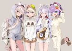  &gt;:) 4girls :d alternate_costume alternate_hairstyle animal_hood ann_(ann58533111) apple_hair_ornament ayanami_(azur_lane) azur_lane bangs blue_eyes c: carrying casual cat_hood cherry_hair_ornament collarbone commentary_request contemporary covering_mouth eyebrows_visible_through_hair food_themed_hair_ornament grey_background hair_ornament hairband hairpin head_tilt holding_sheet hood hooded_jacket jacket javelin_(azur_lane) laffey_(azur_lane) light_brown_hair long_hair low_twintails multiple_girls one_side_up open_mouth orange_eyes pajamas ponytail raccoon_hood salute short_hair short_shorts shorts sidelocks silver_hair simple_background slippers smile standing standing_on_one_leg strawberry_hair_ornament stuffed_animal stuffed_raccoon stuffed_toy tanuki twintails z23_(azur_lane) 