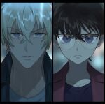  2boys amuro_tooru bangs black-framed_eyewear black_jacket black_shirt blonde_hair blue_eyes blurry blurry_background brown_hair child closed_mouth collarbone commentary_request edogawa_conan glasses hair_between_eyes jacket kanamura_ren looking_at_viewer male_focus meitantei_conan multiple_boys portrait red_shirt serious shirt short_hair split_screen 