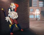 alley anthro building cinderace clothed clothing detailed_background eyeshadow hair hi_res hybrid jewelry long_hair luxray makeup male nintendo orange_hair pok&eacute;mon pok&eacute;mon_(species) rumbling_stomach sassylebraix solo video_games vore white_body 