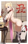  1girl animal_print ass bell bell_collar bikini blonde_hair breasts collar commentary_request cow_print cowbell from_side green_eyes highres huge_breasts leg_lift looking_at_viewer magister_(bearibop) multicolored_hair original pink_hair print_bikini print_legwear sideboob solo swimsuit thick_thighs thighs tied_hair translation_request 