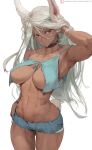  1girl abs animal_ears areola_slip areolae armpits boku_no_hero_academia breasts bunny_ears cutesexyrobutts dark_skin highres large_breasts long_hair meme_attire mirko red_eyes simple_background solo thighs toned white_background white_hair 