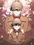  2boys alternate_costume bangs black-framed_eyewear blue_eyes blush bow bowtie brown_background brown_coat brown_hair brown_headwear character_name child closed_mouth coat collared_shirt commentary_request dated deerstalker dual_persona edogawa_conan english_text eyebrows_visible_through_hair floral_background flower glasses grin hair_between_eyes hands_up happy_birthday hat kanamura_ren kudou_shin&#039;ichi lens_flare long_sleeves looking_at_viewer male_focus meitantei_conan multiple_boys red_bow red_neckwear shirt short_hair sitting smile white_shirt 